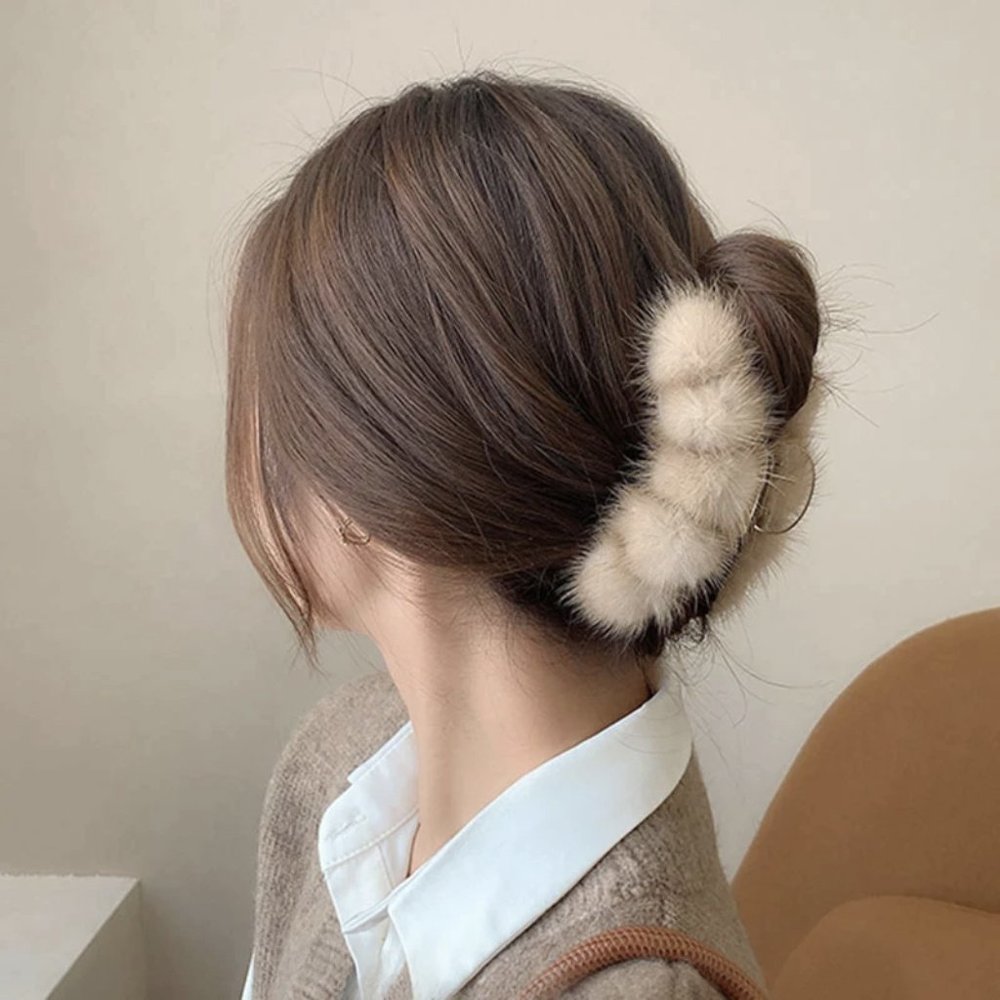 Small Mink Pom Pom Hair Clip Hair Jaw Claw • Black Tan or White • Genuine Fur - Picture 7 of 16